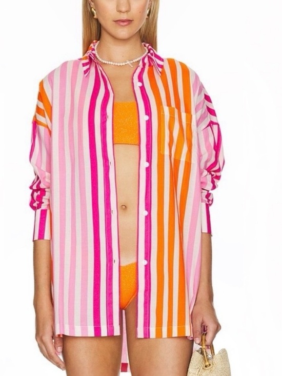 Beach Riot Tops - Beach Riot Pink & Orange Vertical Stripe Button-Down Shirt